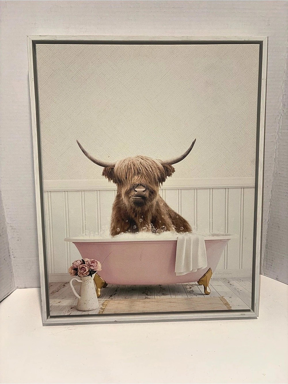 Amy Peterson Highland Cow in Cottage Rose Bath Wall Art
